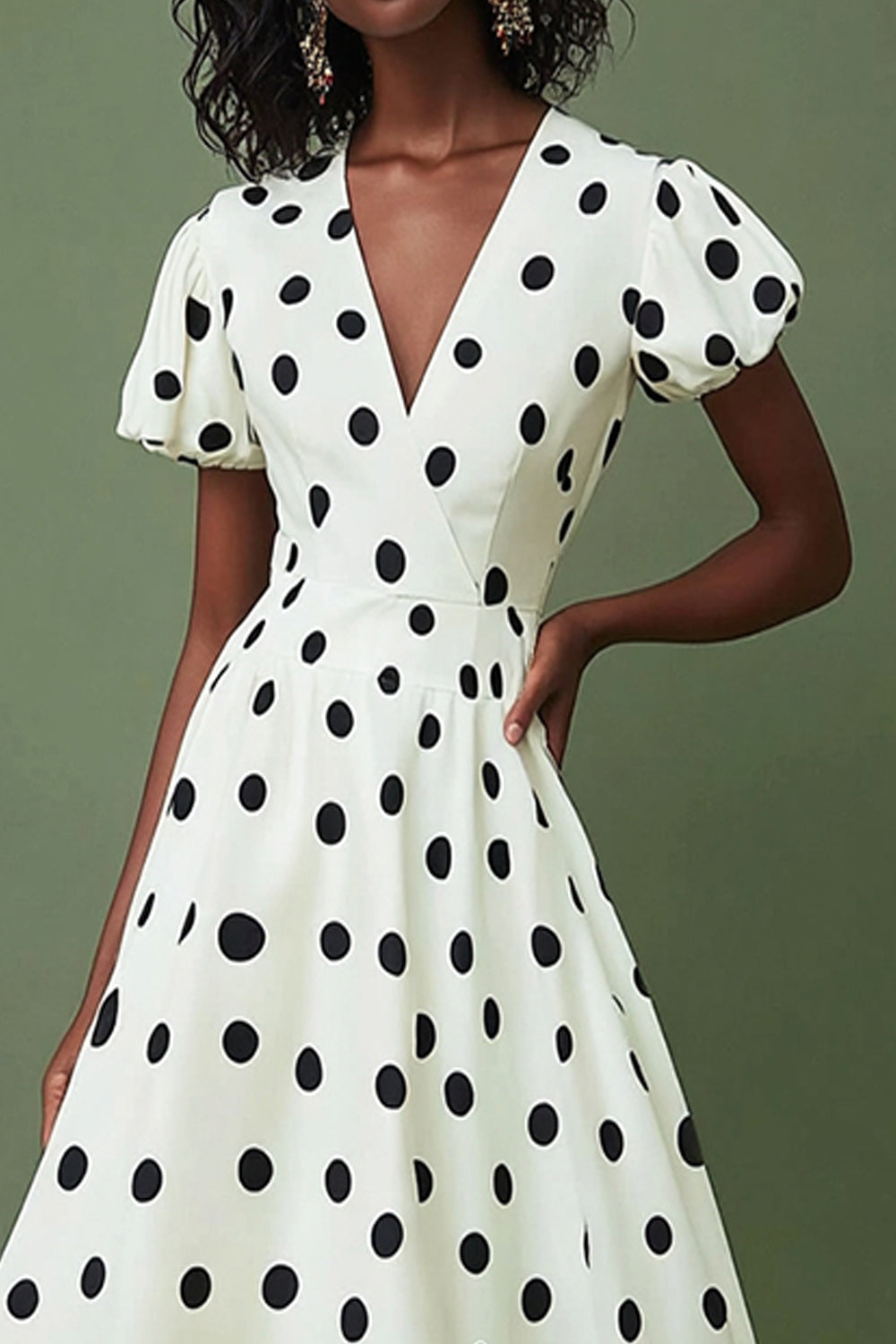 A Line White Black Polka Dot Dress with Puff Sleeves