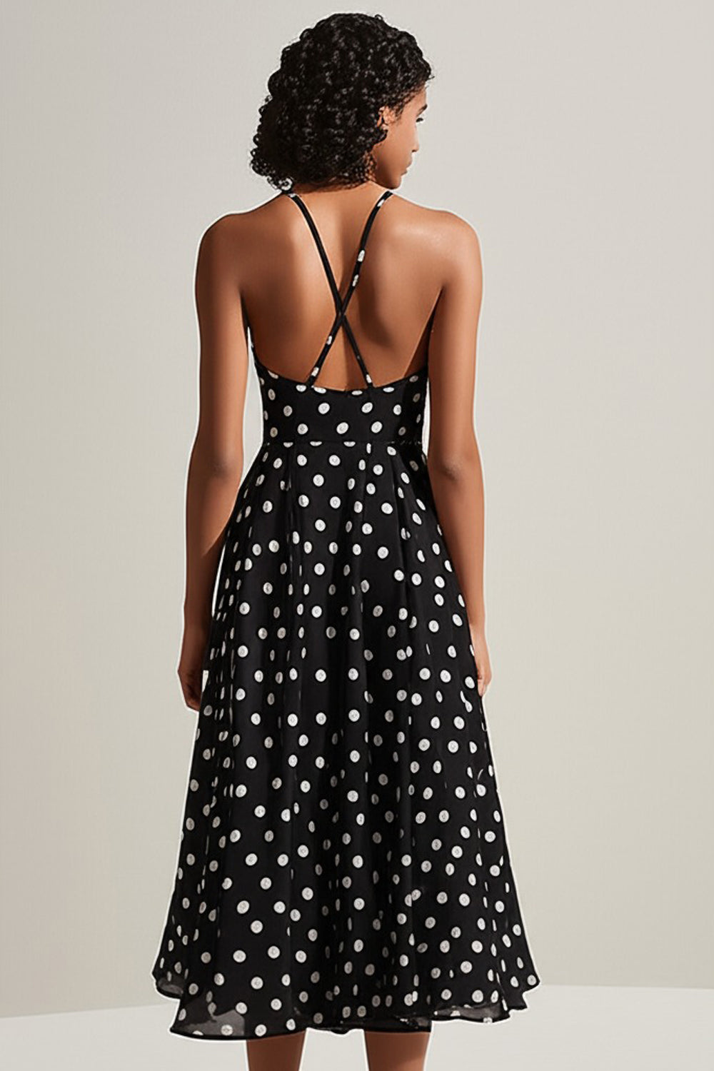 Black White Spaghetti Straps A-Line Polka Dots Dress
