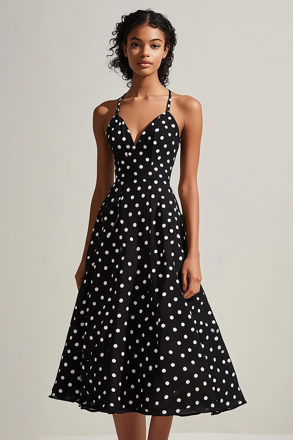 Black White Spaghetti Straps A-Line Polka Dots Dress