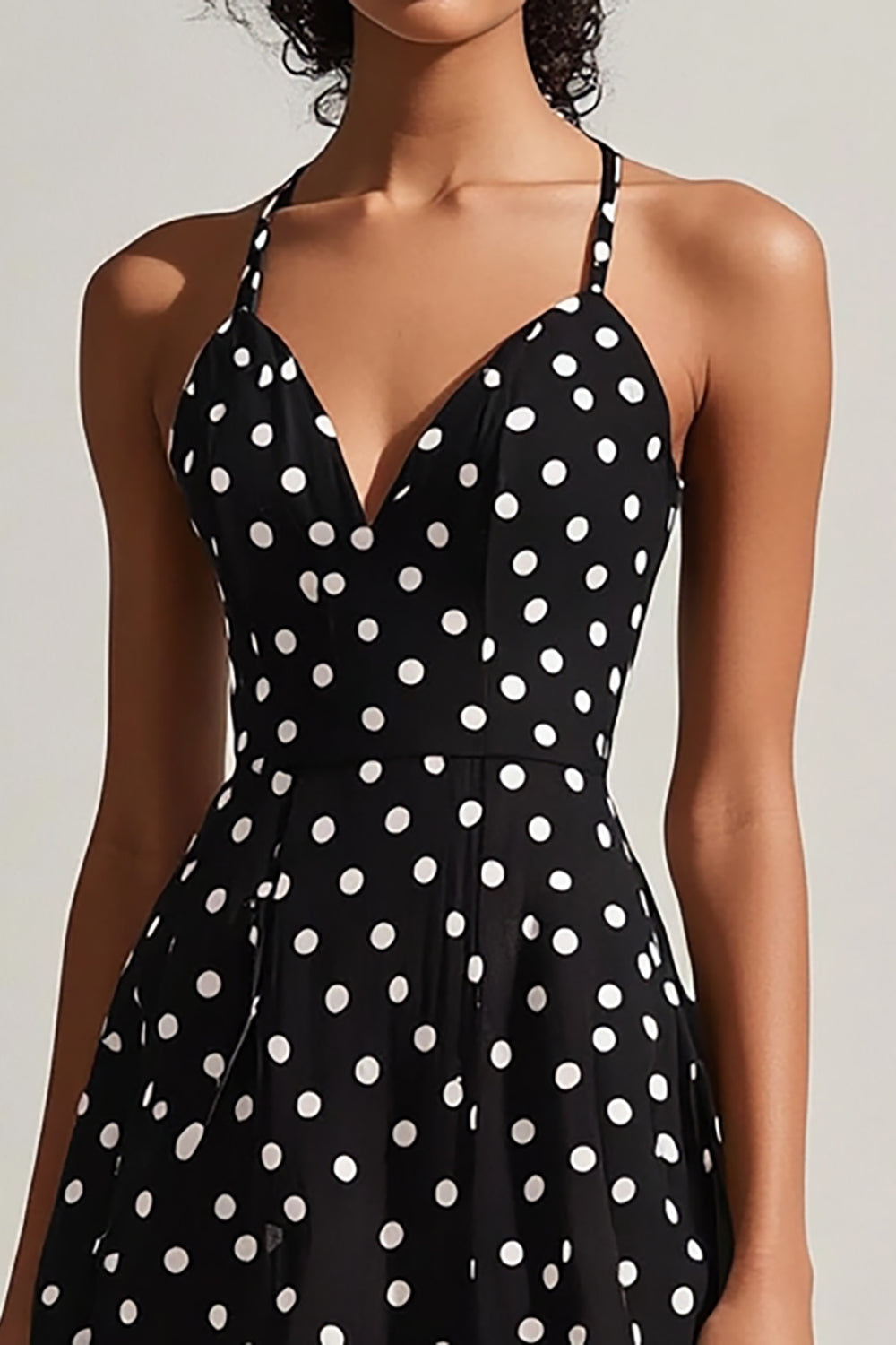 Black White Spaghetti Straps A-Line Polka Dots Dress