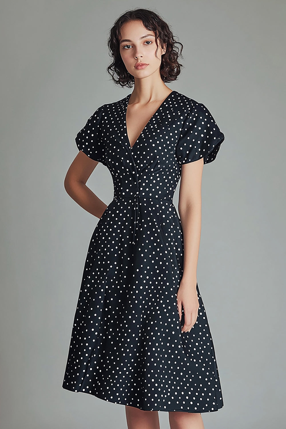 A Line V Neck Black White Polka Dots Dress with Short Sleeves