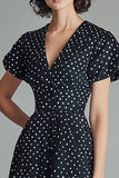 A Line V Neck Black White Polka Dots Dress with Short Sleeves