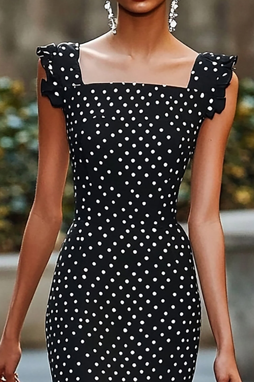 Mermaid Black White Polka Dots Dress with Ruffles