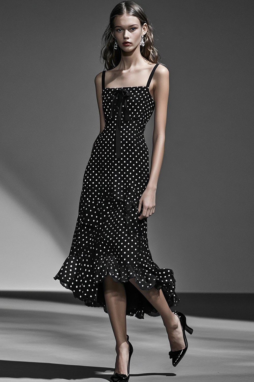 Chiffon Black White Ruffled A Line Polka Dots Dress