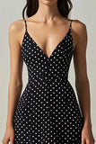 Black White A Line V Neck Polka Dot Dress