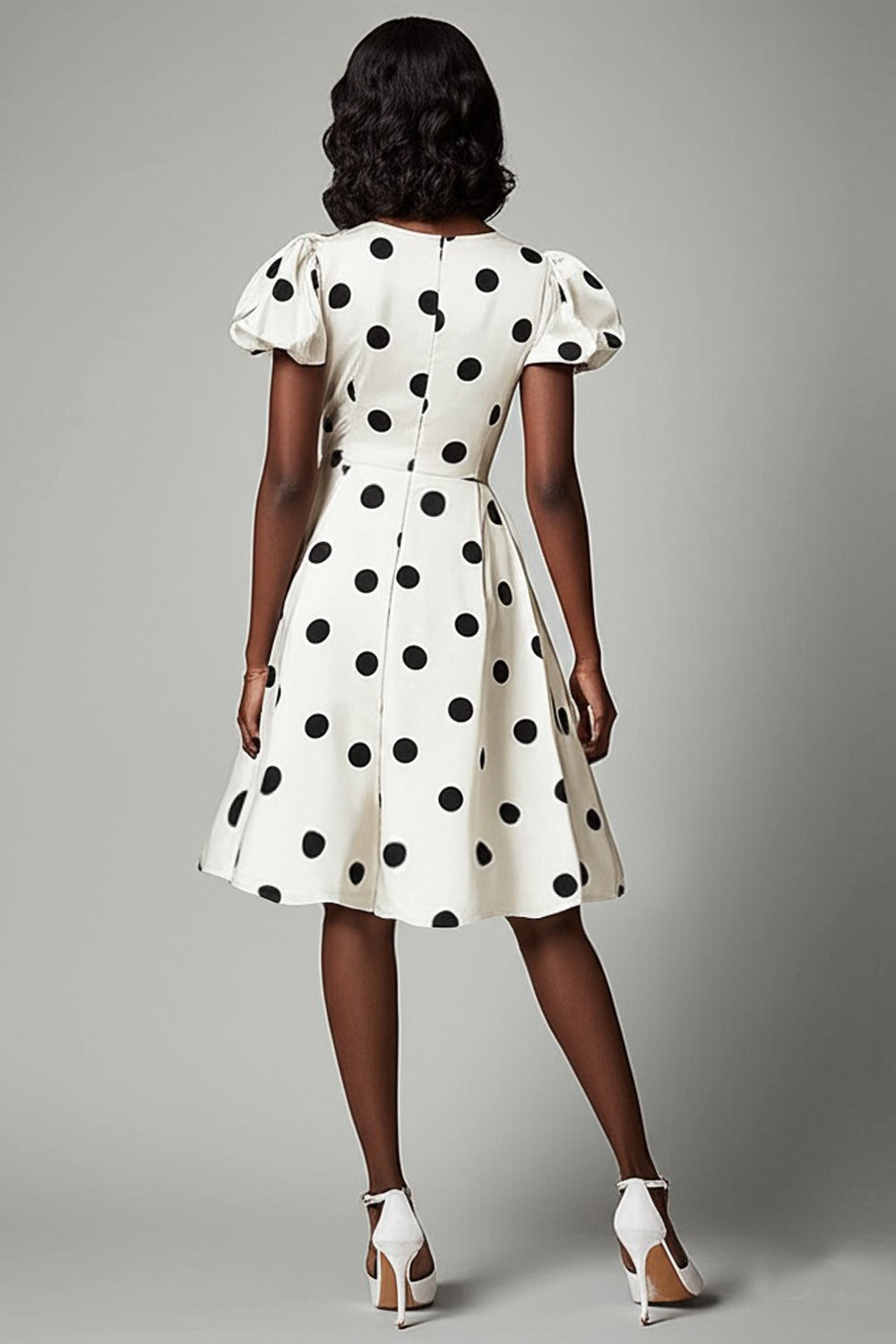 A Line White Black Polka Dots Dress with Puff Sleeves