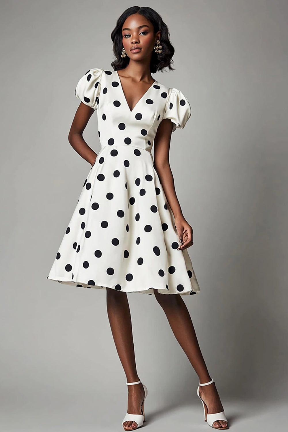 A Line White Black Polka Dots Dress with Puff Sleeves