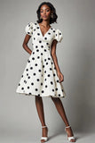 A Line White Black Polka Dots Dress with Puff Sleeves