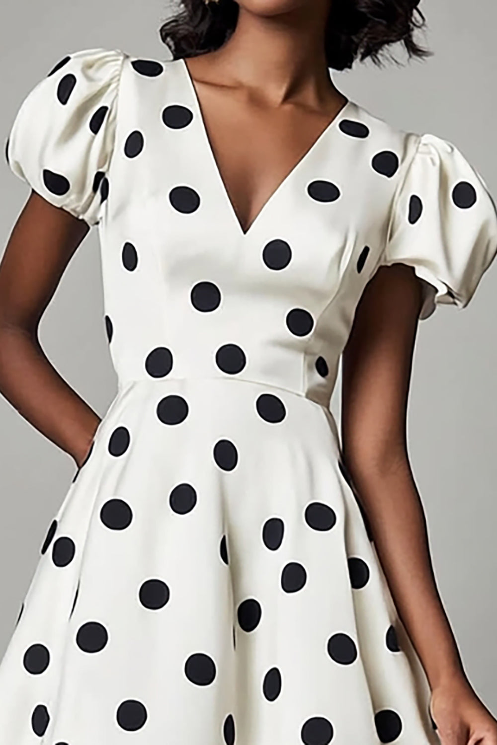 A Line White Black Polka Dots Dress with Puff Sleeves