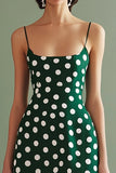 Green White Spaghetti Straps A Line Midi Polka Dots Dress
