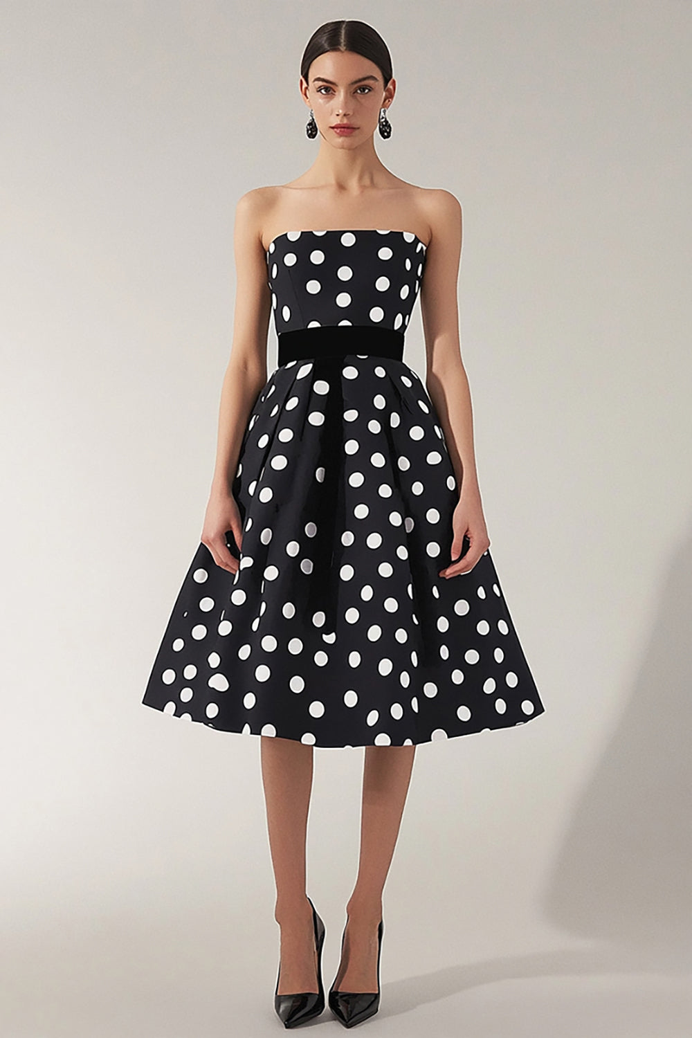 Strapless Black White A Line Polka Dots Dress