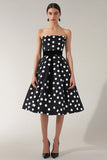 Strapless Black White A Line Polka Dots Dress