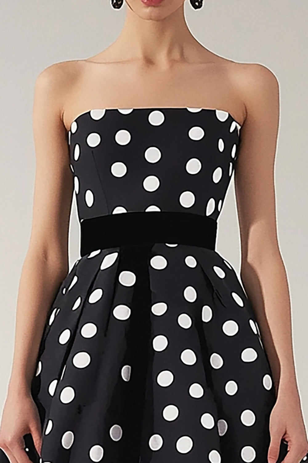 Strapless Black White A Line Polka Dots Dress