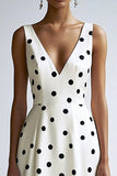 A Line V Neck Midi White Black Polka Dots Dress