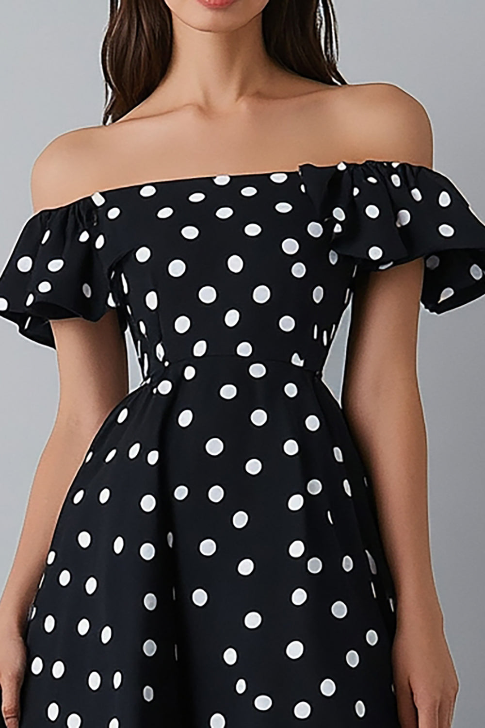 Off The Shoulder Ruffled Black White Polka Dots Dress