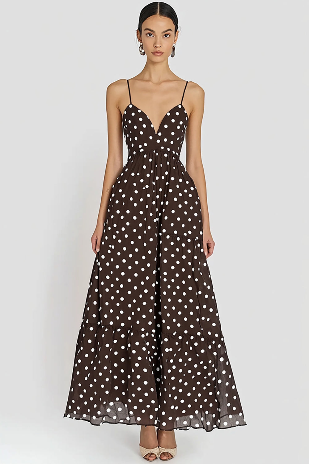 Coffee Spaghetti Straps A Line White Polka Dots  Dress