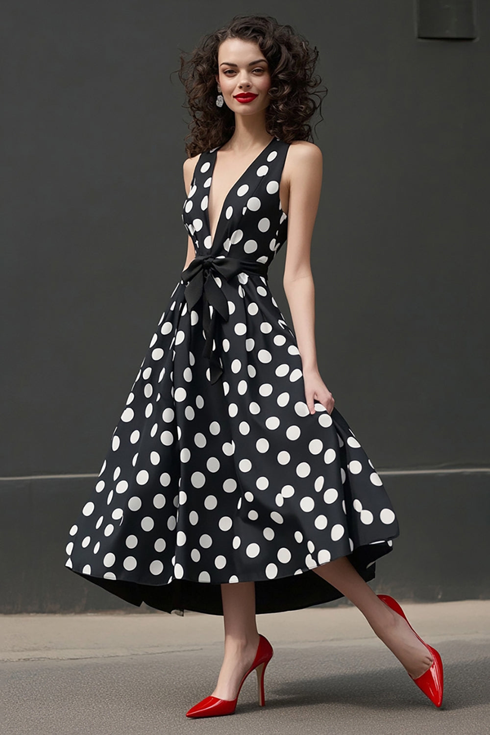 Black White A Line V-Neck Polka Dots  Dress