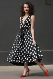 Black White A Line V-Neck Polka Dots  Dress