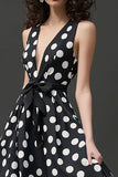 Black White A Line V-Neck Polka Dots  Dress