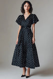 Black White A Line V Neck Long Polka Dots Dress