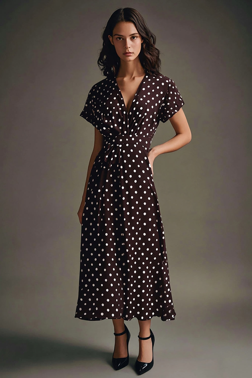 A Line Chiffon Coffee White Polka Dots Dress with Short Sleeves