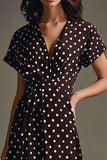 A Line Chiffon Coffee White Polka Dots Dress with Short Sleeves