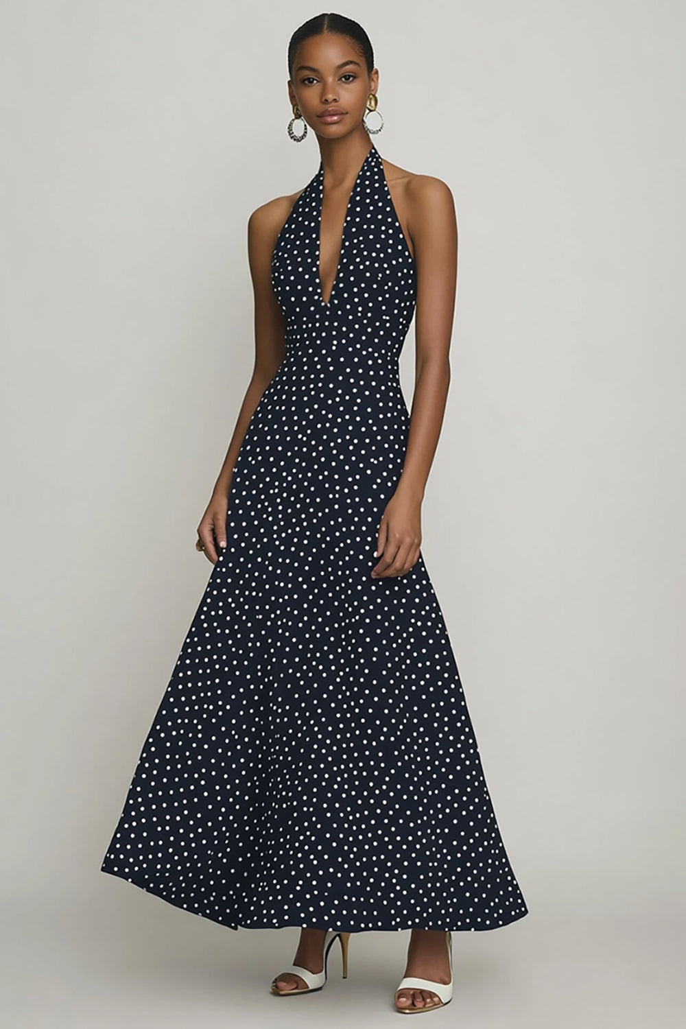 Chiffon Halter A-Line Black White Polka Dots Dress
