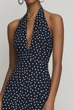 Chiffon Halter A-Line Black White Polka Dots Dress