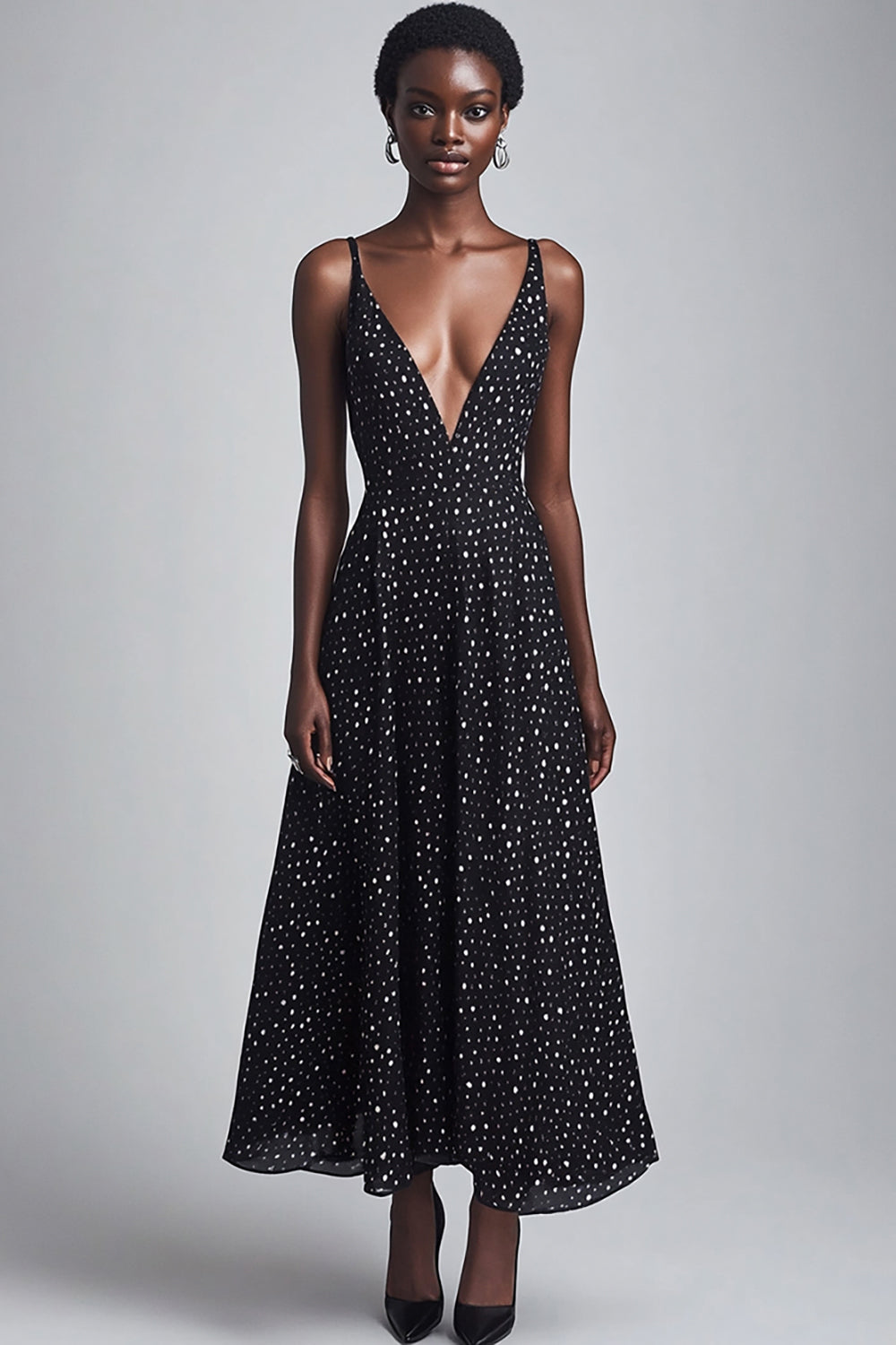 Black A Line V-Neck Long White Polka Dots Dress