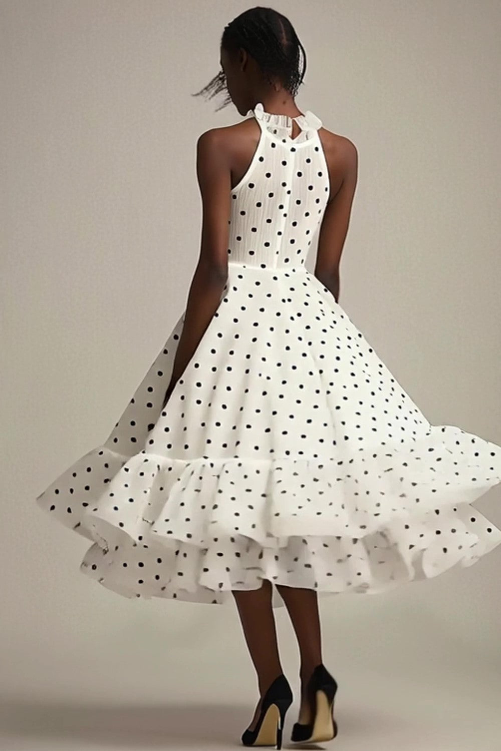 A Line Ruffled High Neck White Black Polka Dots Dress