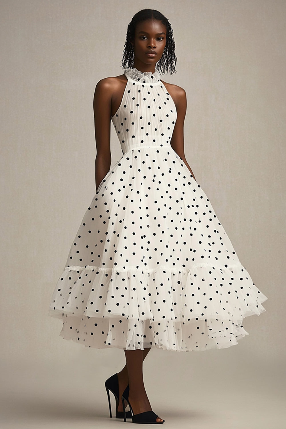 A Line Ruffled High Neck White Black Polka Dots Dress