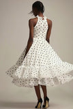 A Line Ruffled High Neck White Black Polka Dots Dress