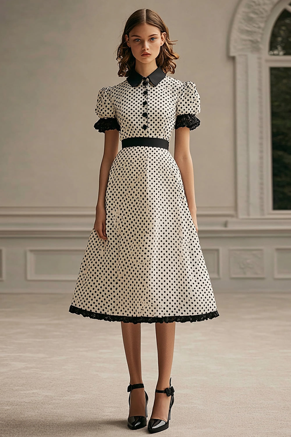 A Line Lapel White Black Polka Dots Dress with Puff Sleeves