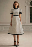 A Line Lapel White Black Polka Dots Dress with Puff Sleeves