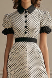 A Line Lapel White Black Polka Dots Dress with Puff Sleeves