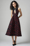 A Line Cut Out Black Red Polka Dots Dress with Bow