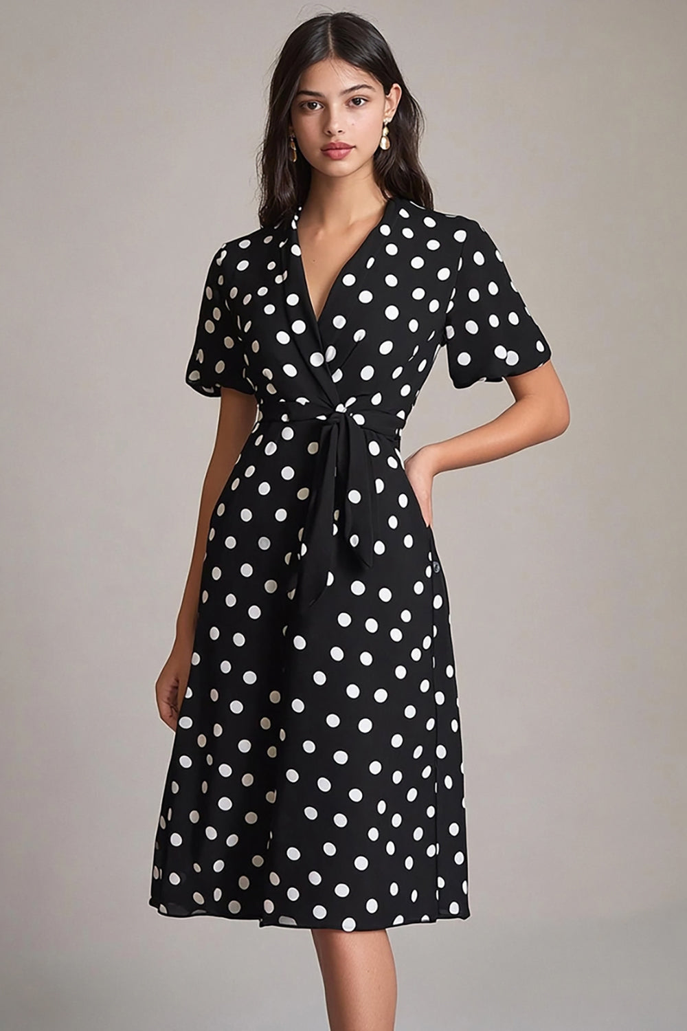 Black White A-Line V-Neck Polka Dots Dress with Sash