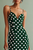 Green White Spaghetti Straps Sheath Midi Polka Dots Dress