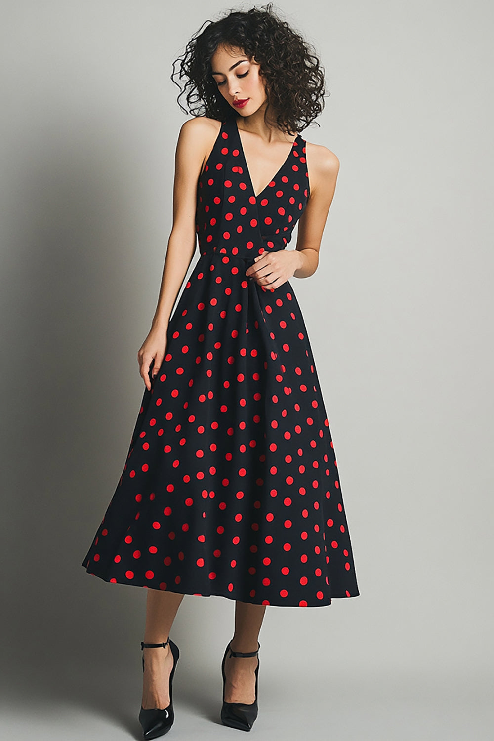 Black Red A Line V Neck Polka Dots Dress