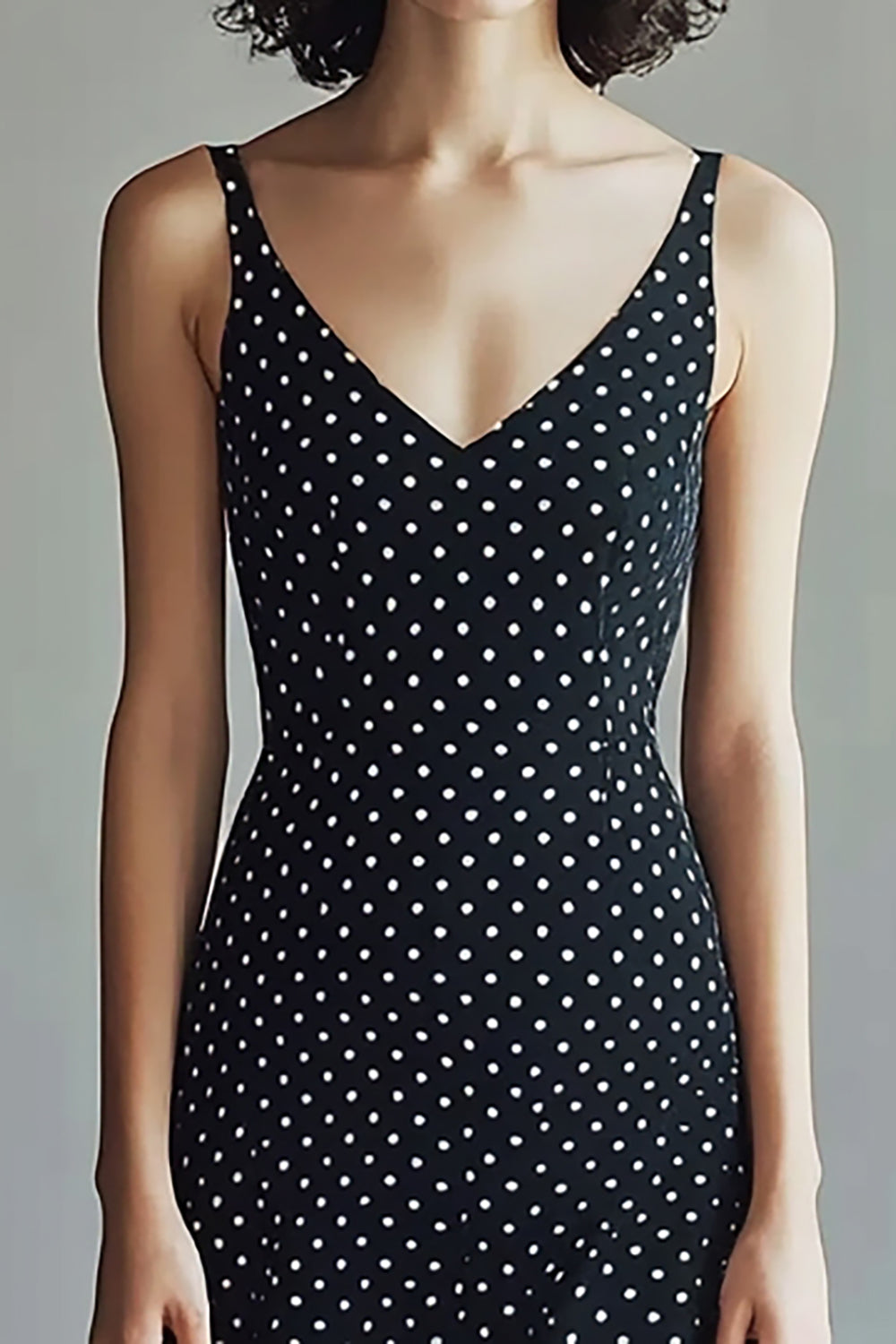 A-Line Spaghetti Straps Black White V-Neck Polka Dots Dress