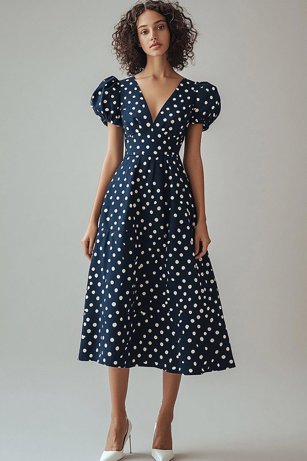 A Line V Neck Navy White Polka Dots Dress with Puff Sleeves