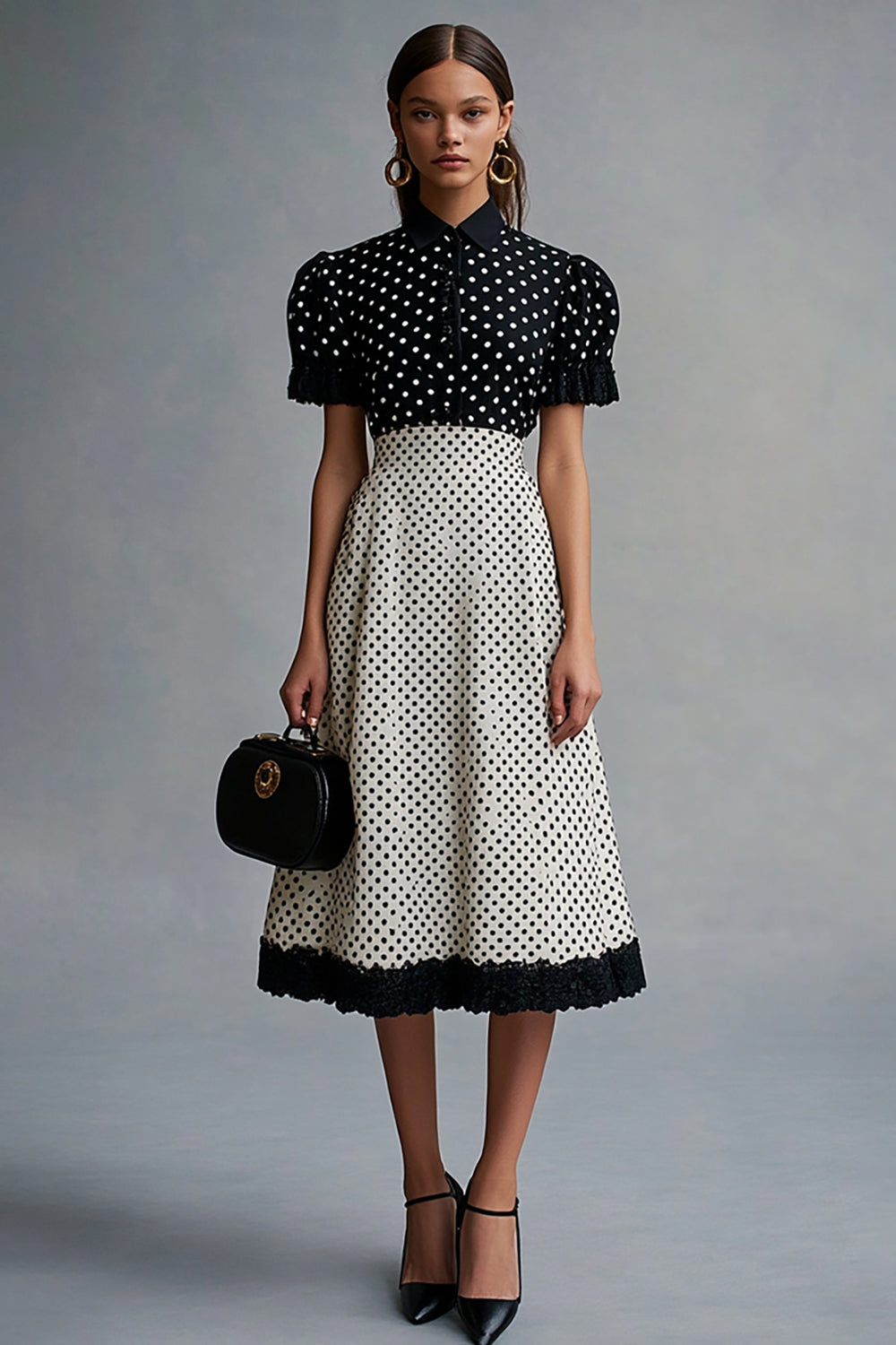 Vintage Ruffled Lapel Neck Black White Polka Dots Dress