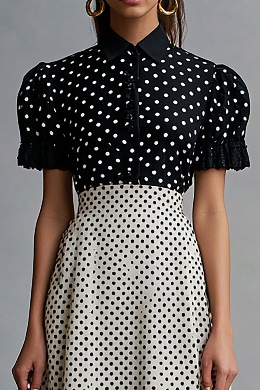 Vintage Ruffled Lapel Neck Black White Polka Dots Dress
