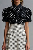 Vintage Ruffled Lapel Neck Black White Polka Dots Dress