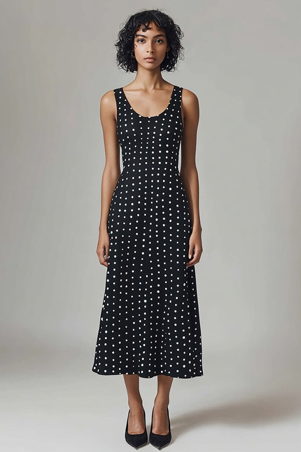 Scoop Neck Black White Polka Dots Dress