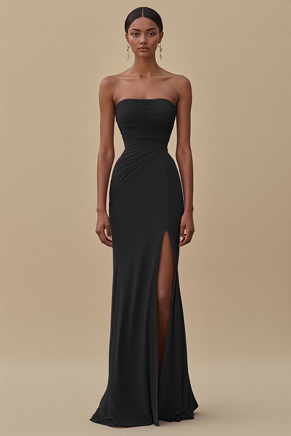 Black Strapless Ruched Long Formal Dress with Slit