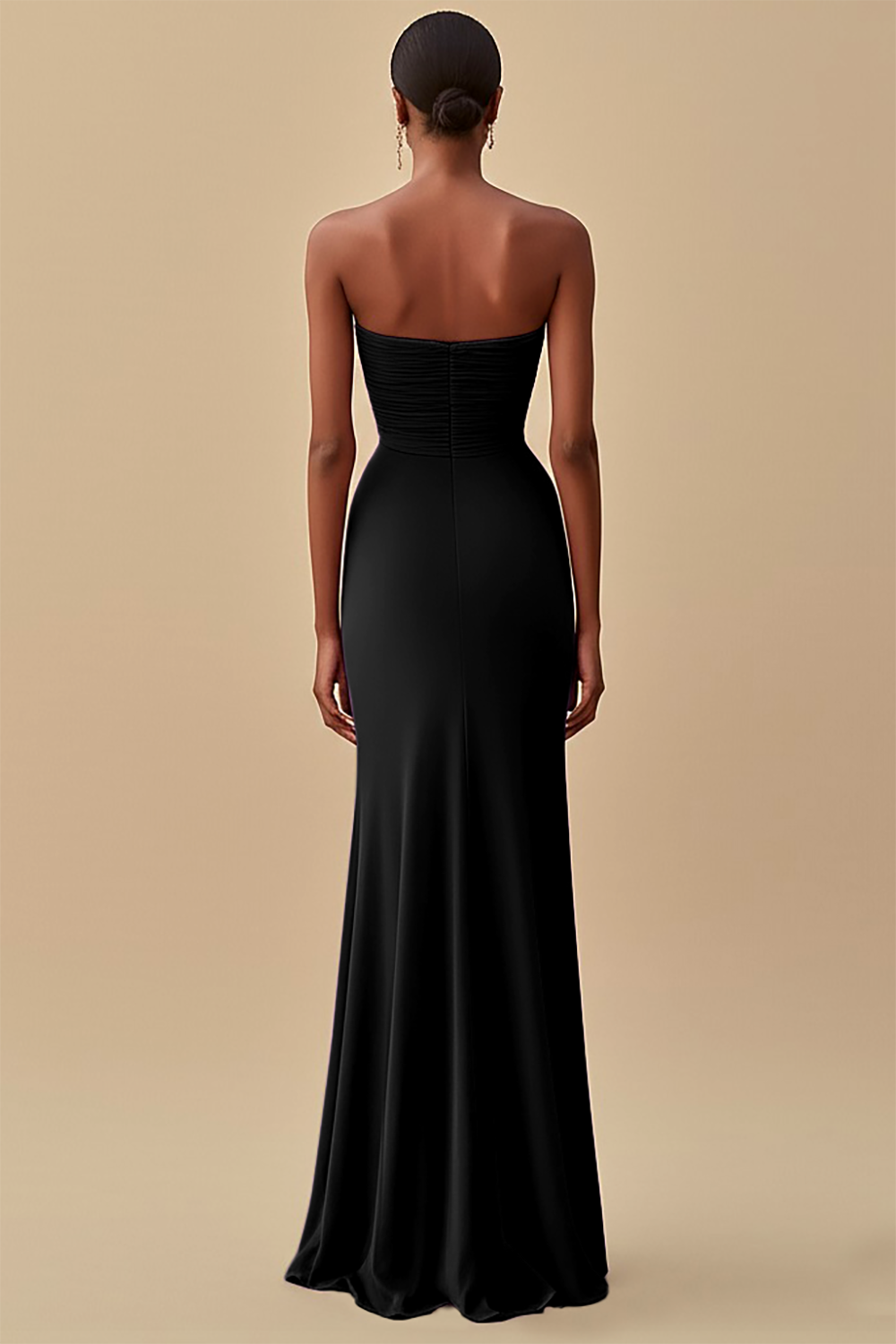 Black Strapless Ruched Long Formal Dress with Slit