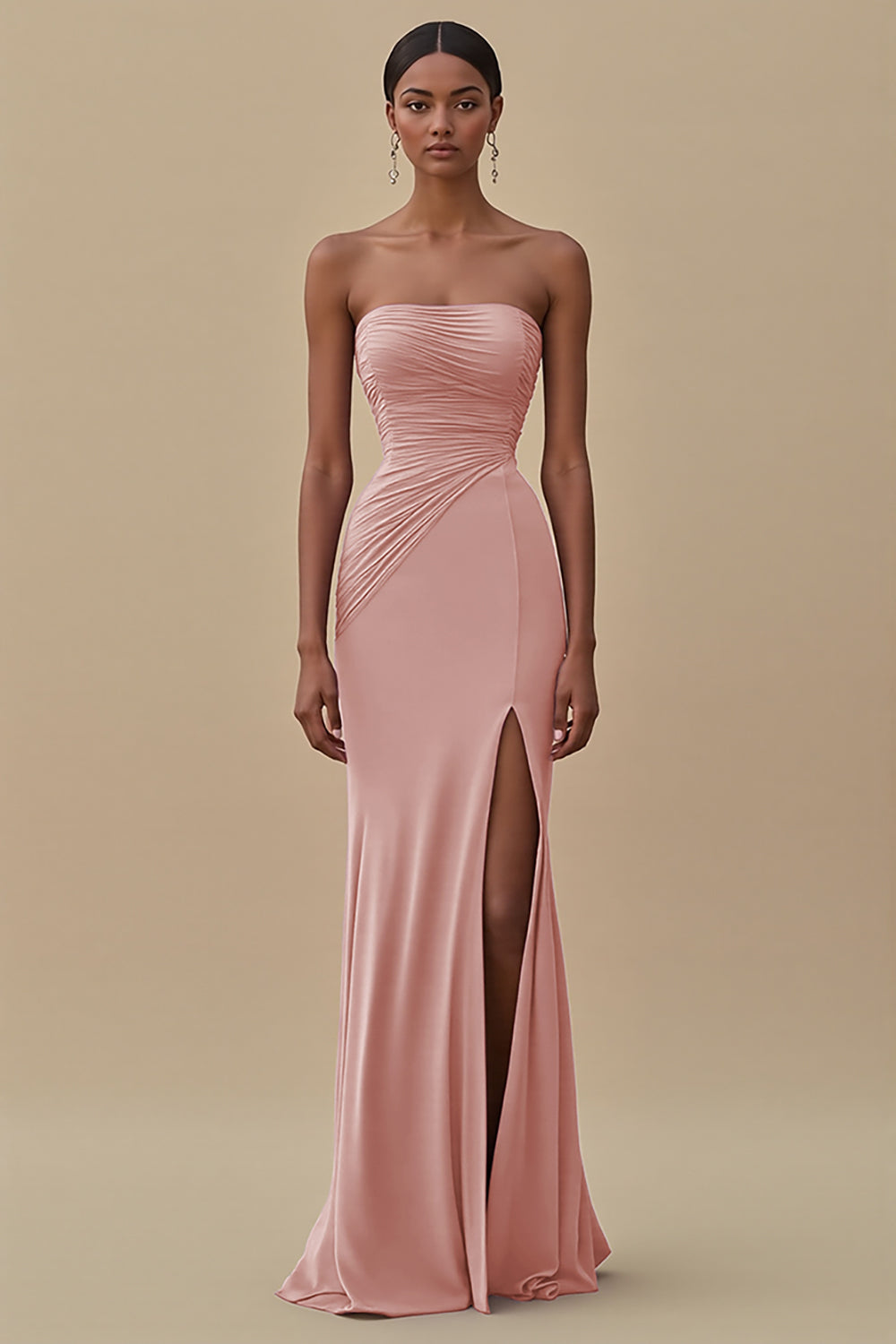 Black Strapless Ruched Long Formal Dress with Slit