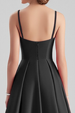 A-Line Spaghetti Straps Ruched Long Black Formal Dress