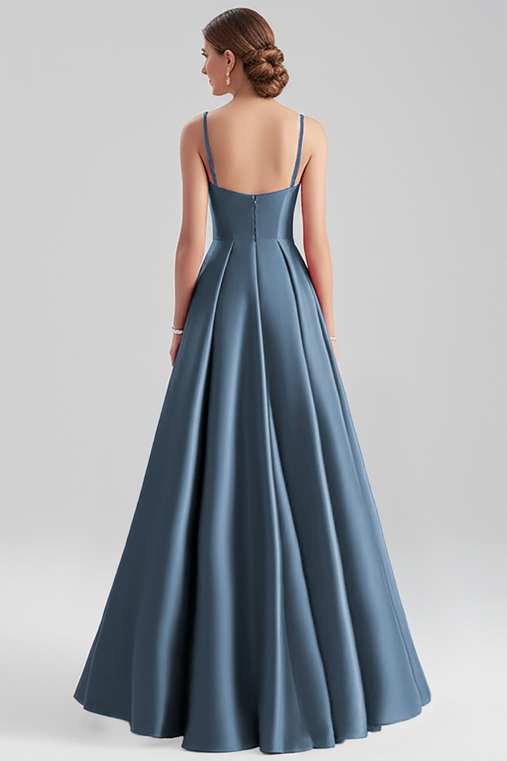 A-Line Spaghetti Straps Ruched Long Black Formal Dress